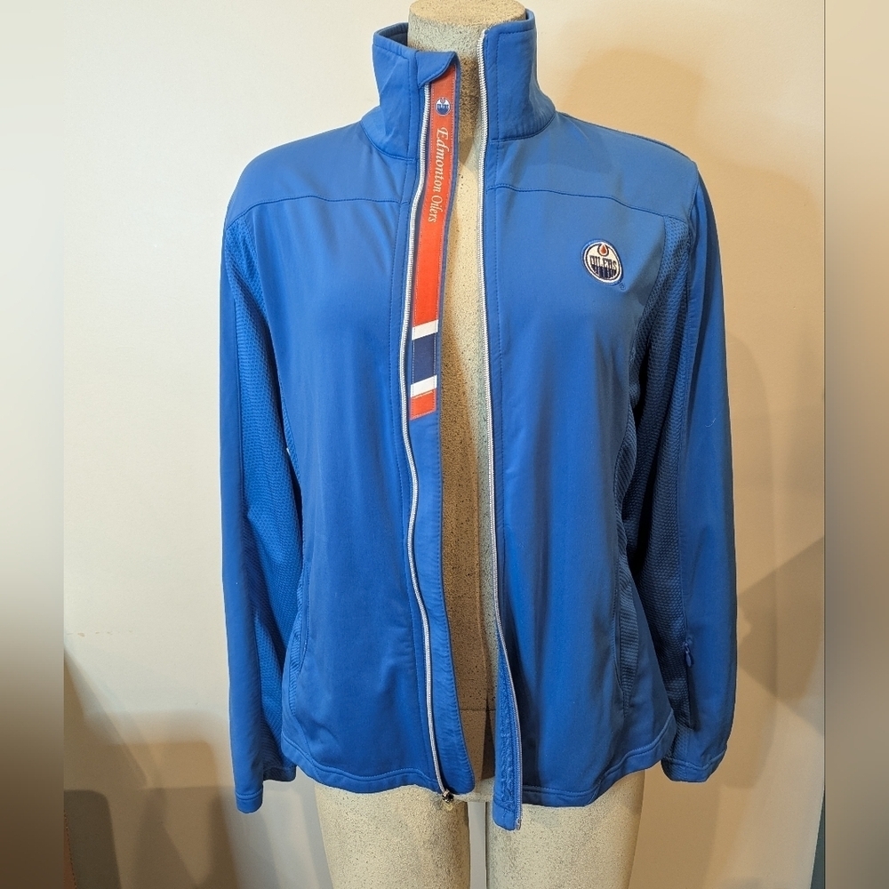 NHL Oilers Jacket Womens Blue Long Sleeve Track Jacket Size L New!